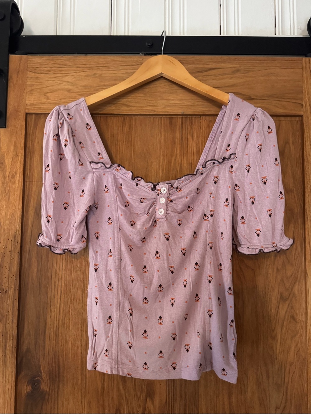 Free People Lavender Floral Square-Neck Puff Sleeve Top